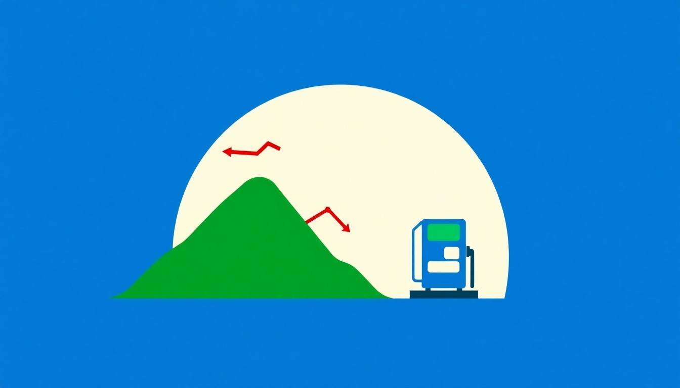 A geometric abstract illustration featuring intersecting triangles and circles in shades of blue, red, and yellow, conceptually representing the volatility and interconnectedness of the global energy market.