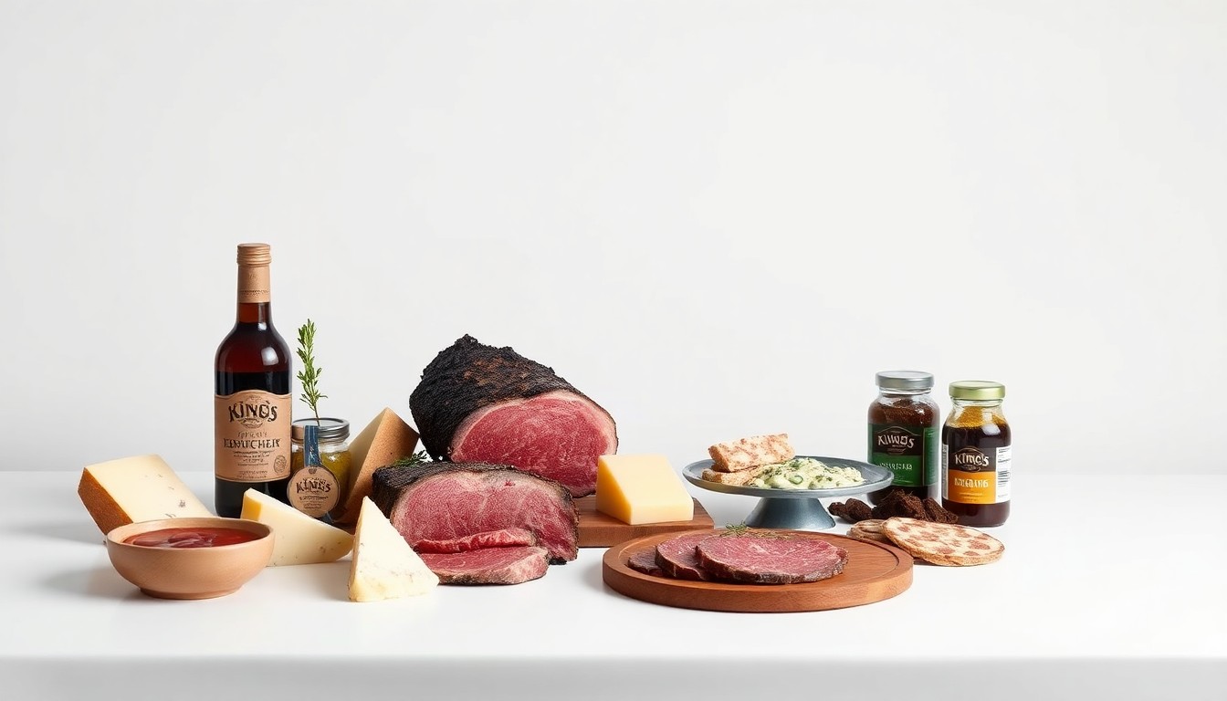 A high-end, photorealistic studio still life featuring a selection of premium meat cuts, specialty cheeses, and artisanal condiments arranged elegantly on a clean, monochromatic background, conceptually representing the elevated shopping experience that Kings Meats aims to bring to its new El Dorado Hills location.