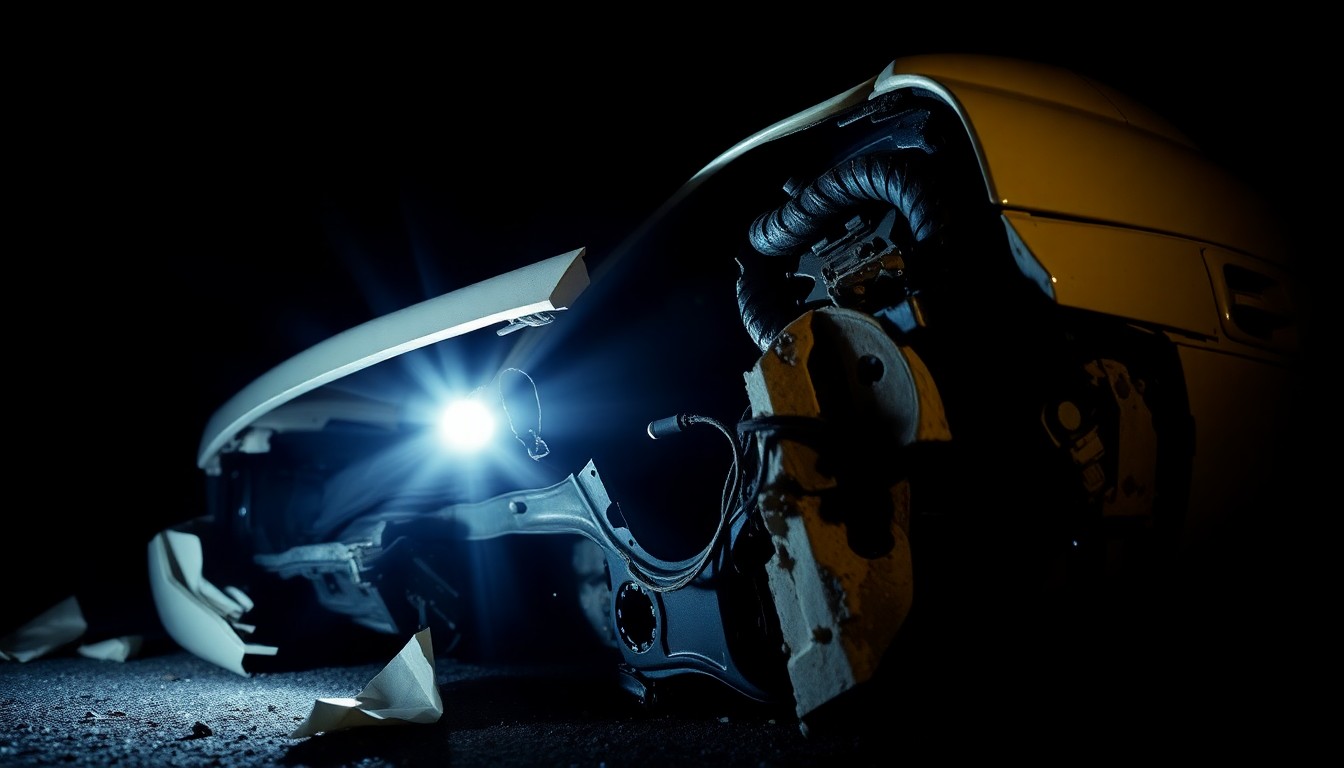 An extreme close-up photograph of a twisted, damaged car part or piece of debris from the crash site, captured in harsh, dramatic lighting to convey the serious and investigative nature of the incident.