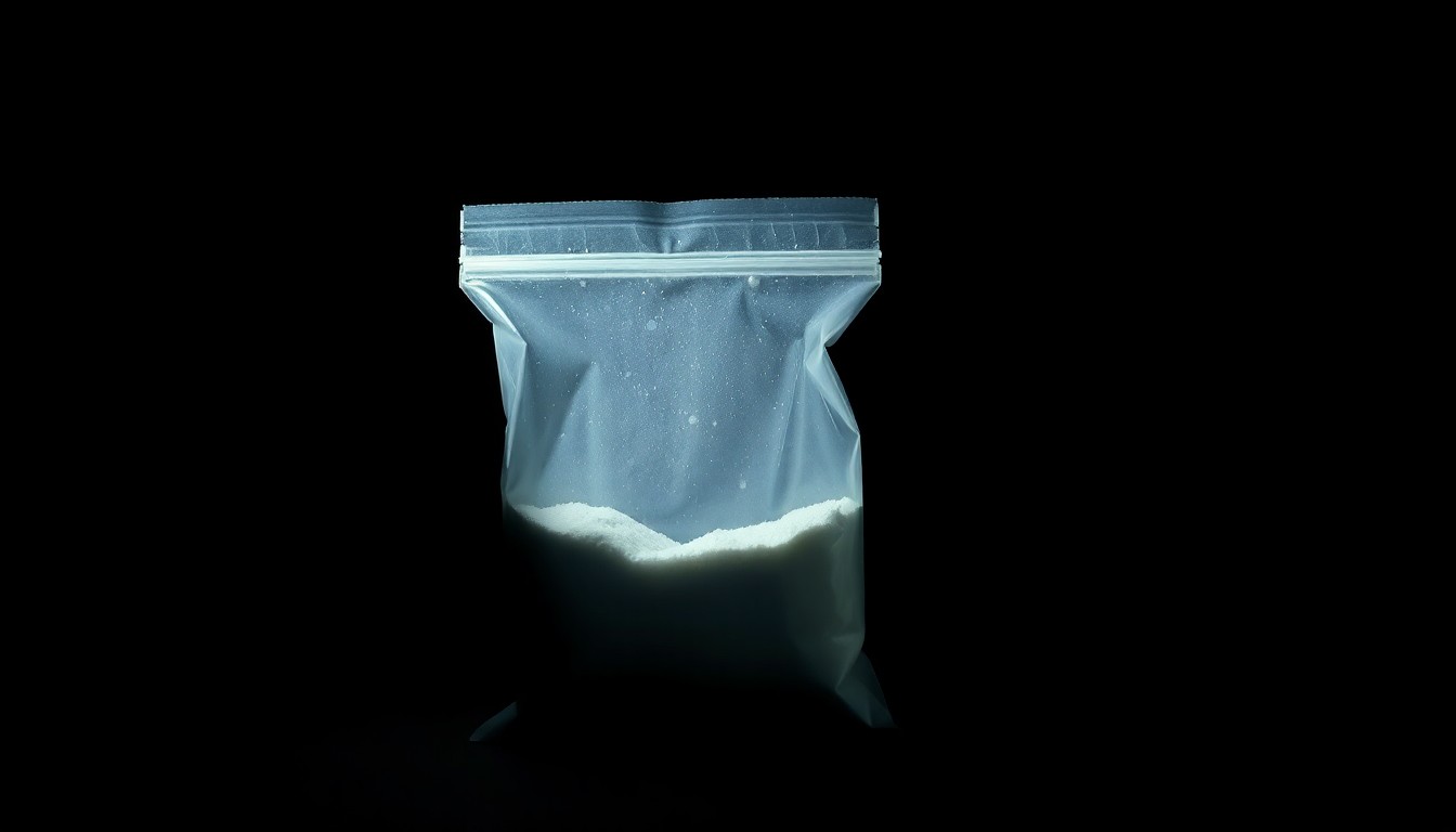 An extreme close-up photograph of a small plastic bag filled with white powder, lit by a harsh, direct camera flash against a pitch-black background, creating a stark, gritty, investigative aesthetic.