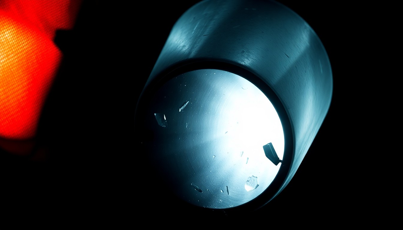 An extreme close-up photograph of a damaged traffic signal light or street sign, lit by a harsh, direct camera flash against a pitch-black background, conceptually illustrating the investigation into a recent pedestrian collision.