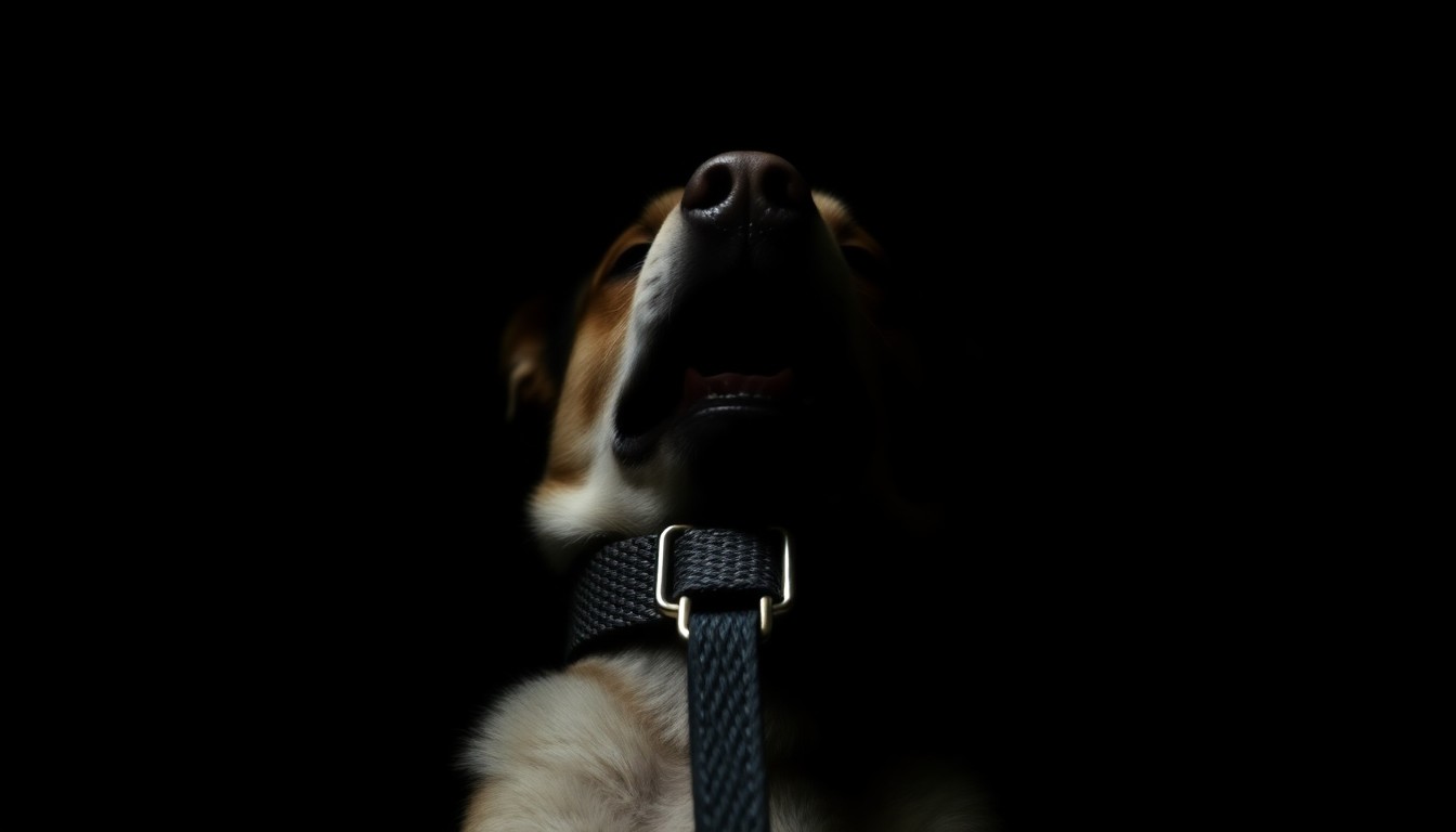 An extreme close-up photograph of a dog's collar and leash against a pitch-black background, lit by a harsh, direct camera flash, conceptually illustrating the public safety issues raised by this violent dog attack.
