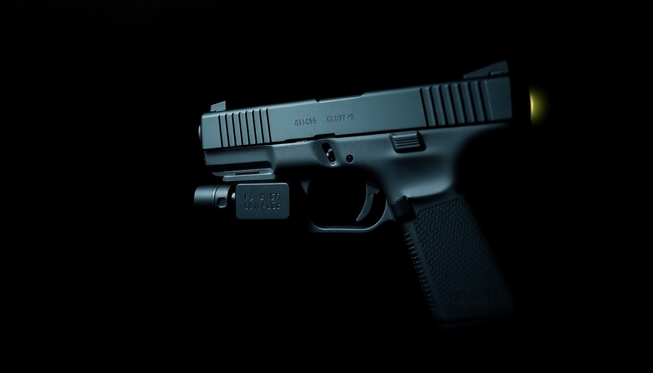 An extreme close-up photograph of a Glock 45 handgun with an extended magazine, flashlight, and laser attachment, lit by a harsh, direct camera flash against a pitch-black background, conceptually illustrating the dangerous weapons recovered by police during a search warrant execution.