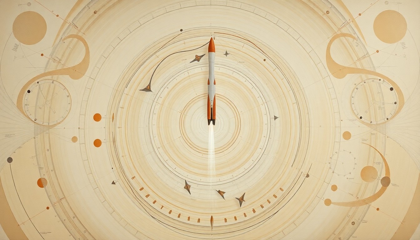 A highly structured abstract painting in soft, earthy tones depicting the complex mechanics and engineering of the Artemis II rocket launch, using sweeping geometric arcs, concentric circles, and precise botanical spirals to convey the structural order of the mission without any text or symbols.