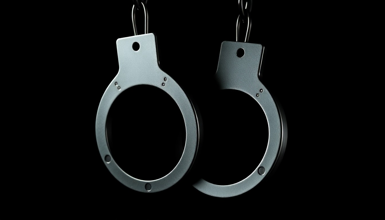 An extreme close-up photograph of metal handcuffs, the textured surface and reflective shine creating a stark, gritty visual that conceptually represents the arrest of a wanted individual.
