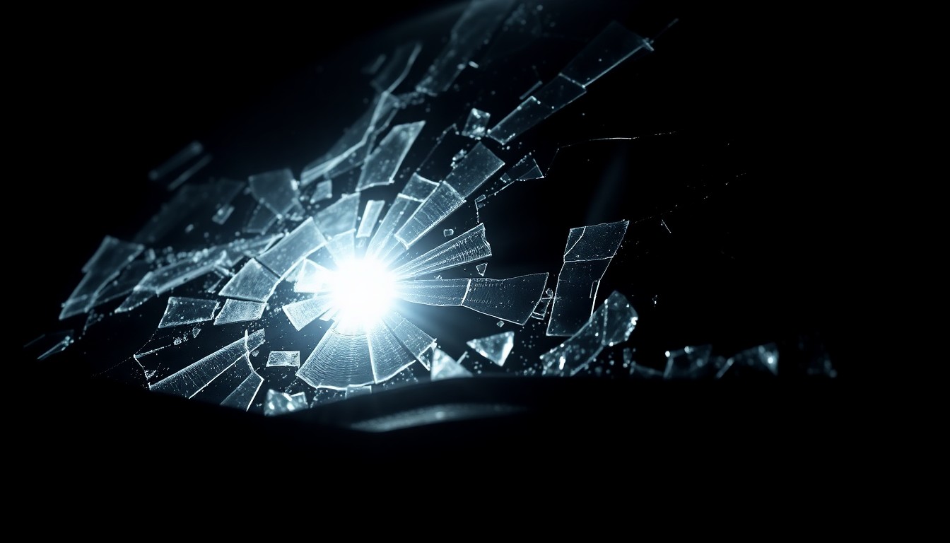 An extreme close-up photograph of a shattered car windshield or other damaged vehicle component, lit by a harsh, direct camera flash against a pitch-black background, conceptually illustrating the aftermath of a serious traffic accident.