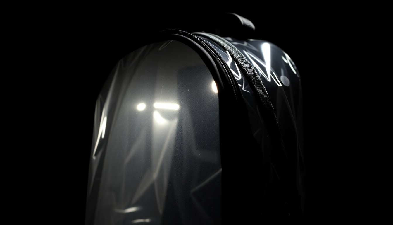 An extreme close-up photograph of a clear backpack with black trim, the harsh flash illuminating the textured material and creating dramatic shadows, conveying a sense of urgency and investigation surrounding a missing person case.