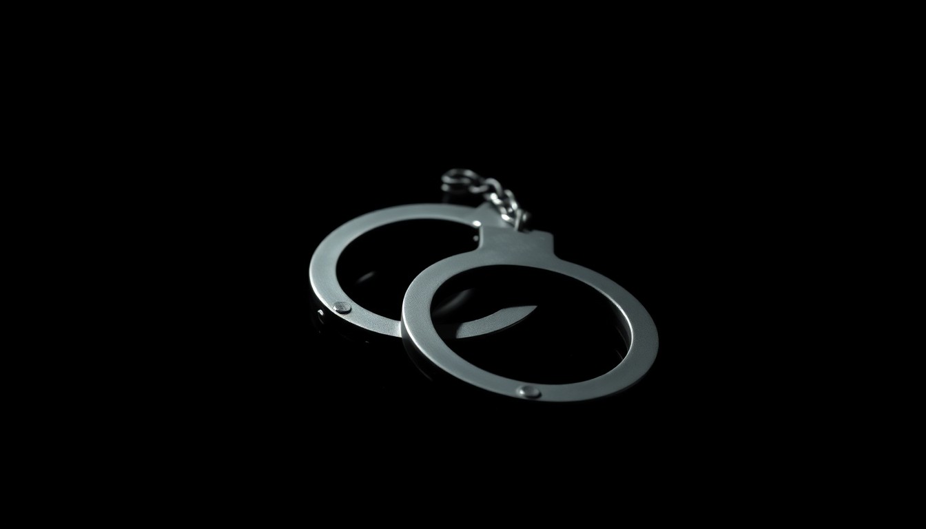 An extreme close-up photograph of a pair of metal handcuffs, dramatically lit by a harsh, direct camera flash against a pitch-black background, conceptually representing the serious legal consequences of making unsubstantiated accusations.