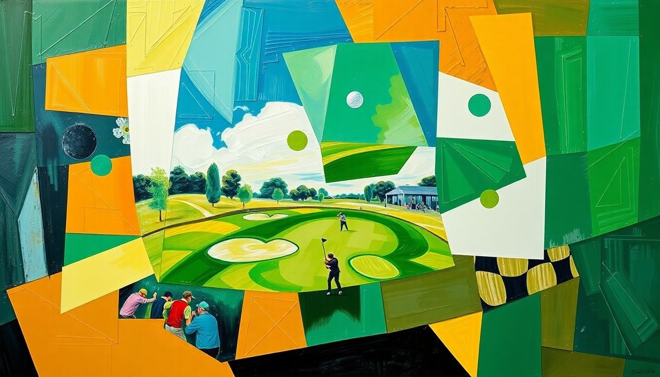A cubist, geometric painting depicting a fragmented, multi-perspective view of a golf tournament, with sharp planes of emerald green, sky blue, and warm ochre colors conceptually representing the energy and excitement of a young athlete's major tournament debut.