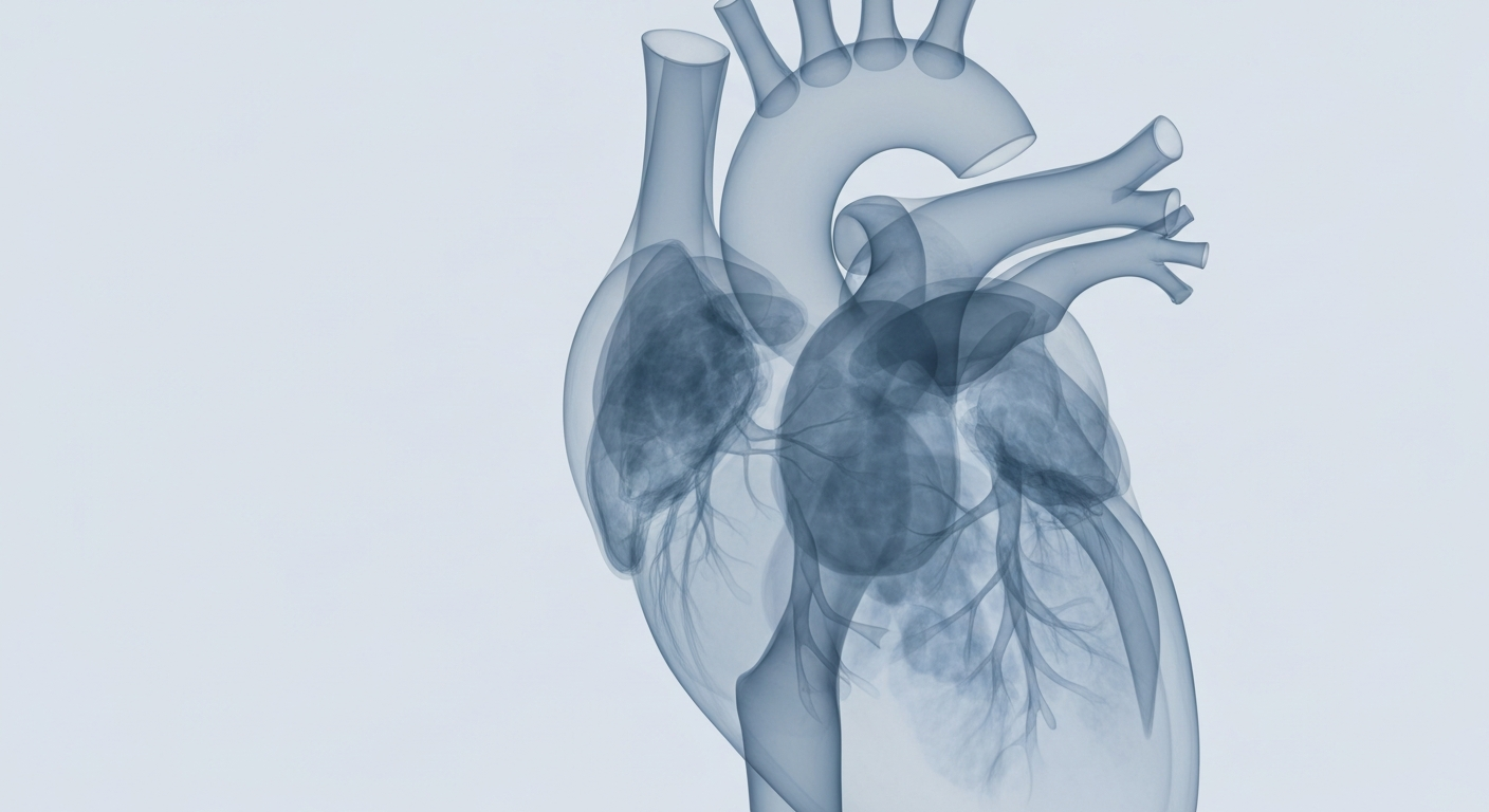 An extreme close-up X-ray photograph showing the intricate internal structure of a human heart, rendered in ghostly translucent shades of gray, conceptually representing the critical importance of healthcare access.