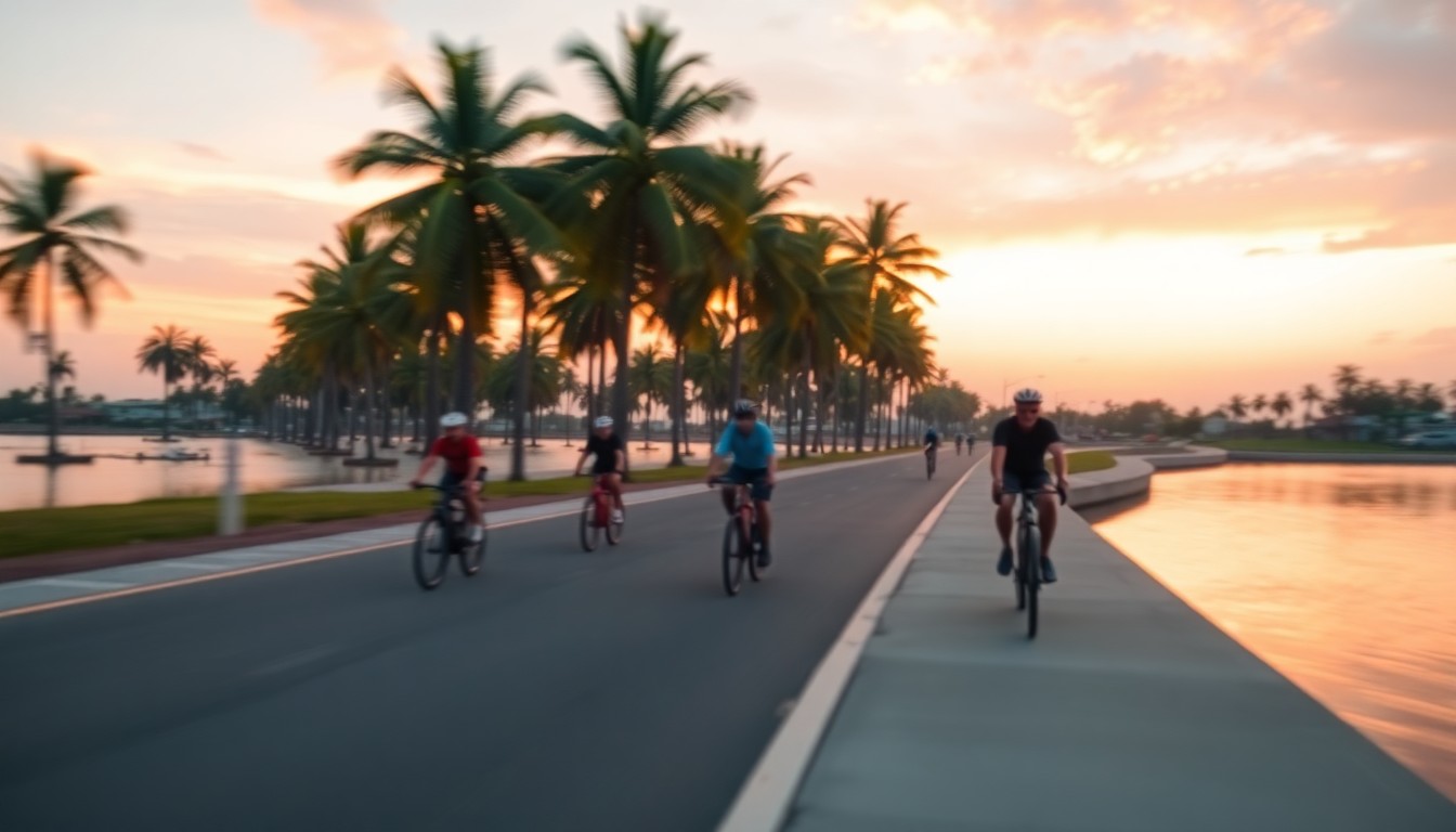 A hazy, impressionistic scene of cyclists riding along a palm tree-lined causeway, with soft pools of warm light reflecting off the water, conveying the improved safety and accessibility of the route for active transportation.