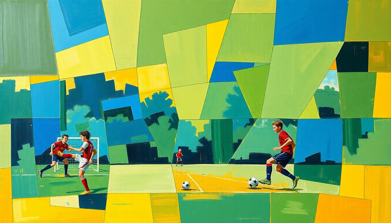 A cubist, geometric painting depicting a high school soccer match, with overlapping planes of blue, green, and yellow representing the players, field, and action on the pitch.