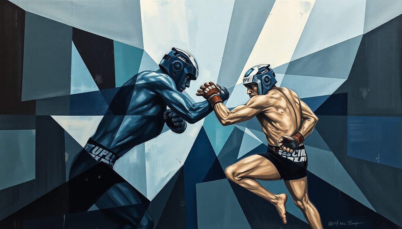 A fractured, multi-perspective painting in a cubist style, breaking down a mixed martial arts fight or competition into sharp, overlapping geometric planes in muted blues, grays, and blacks, conceptually representing the analytical precision and technical mastery that defined Demetrious Johnson's legendary MMA career.