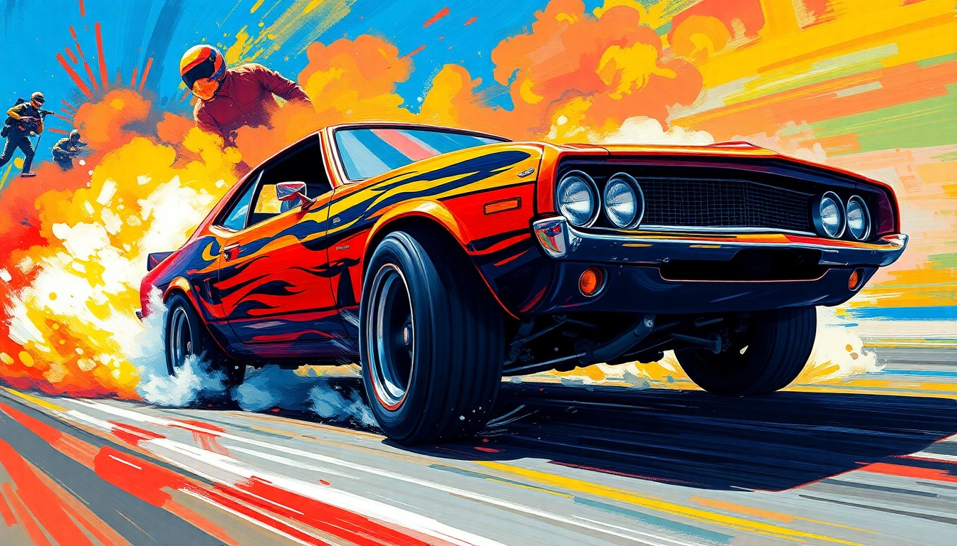 A vibrant, expressionist painting featuring the blurred, high-speed movements of drifting cars on a city street, with neon-colored streaks of light and smoke trailing behind the vehicles.