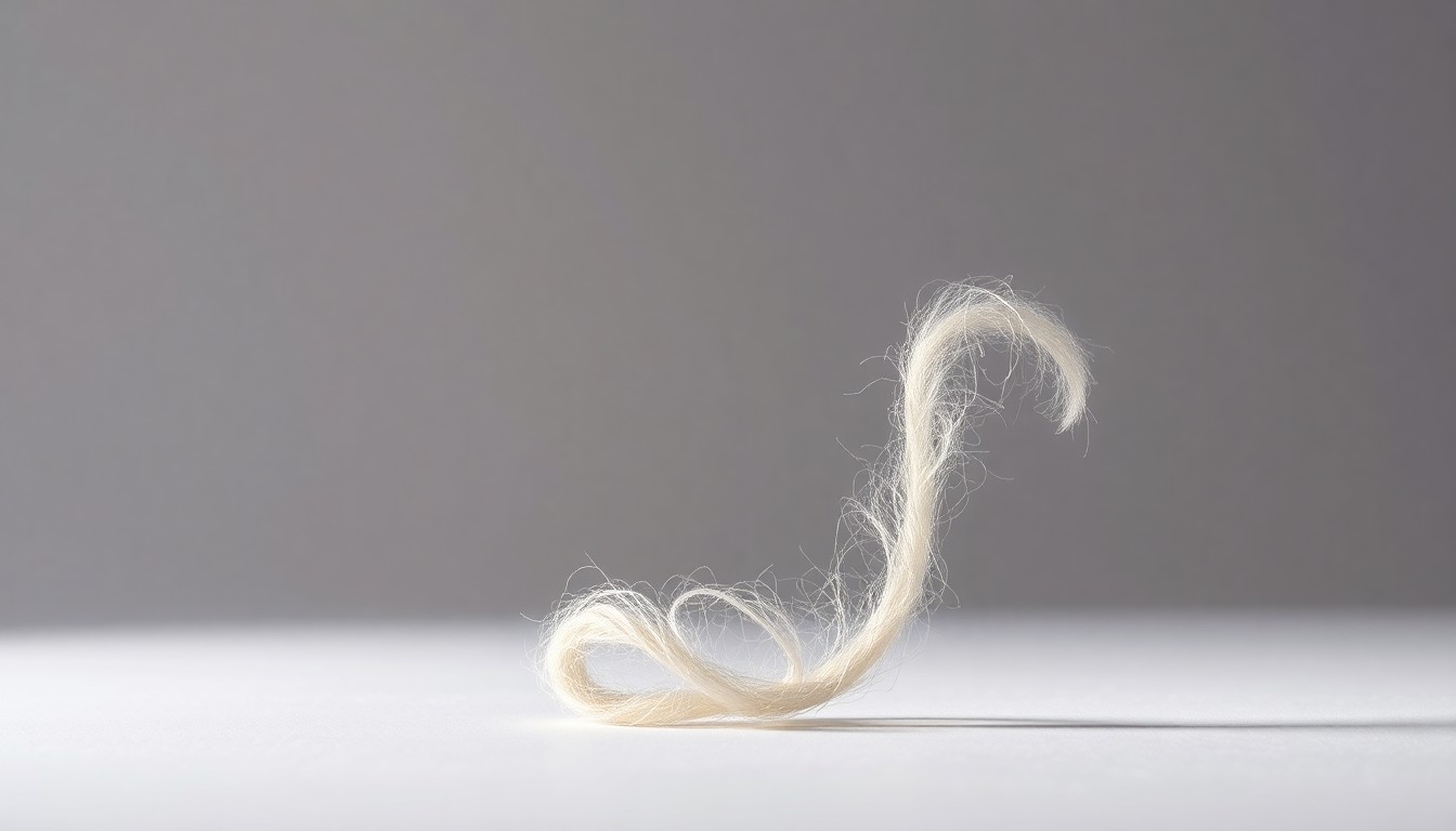 A close-up photograph of an exceptionally fine, gossamer-like merino wool fiber resting on a clean, monochromatic background, highlighting the delicate texture and precision of this luxury textile.