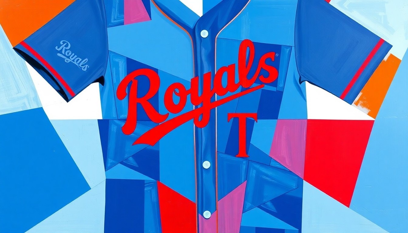A fragmented, geometric painting in shades of blue and red, conceptually representing the Kansas City Royals' new Nike City Connect jersey design.