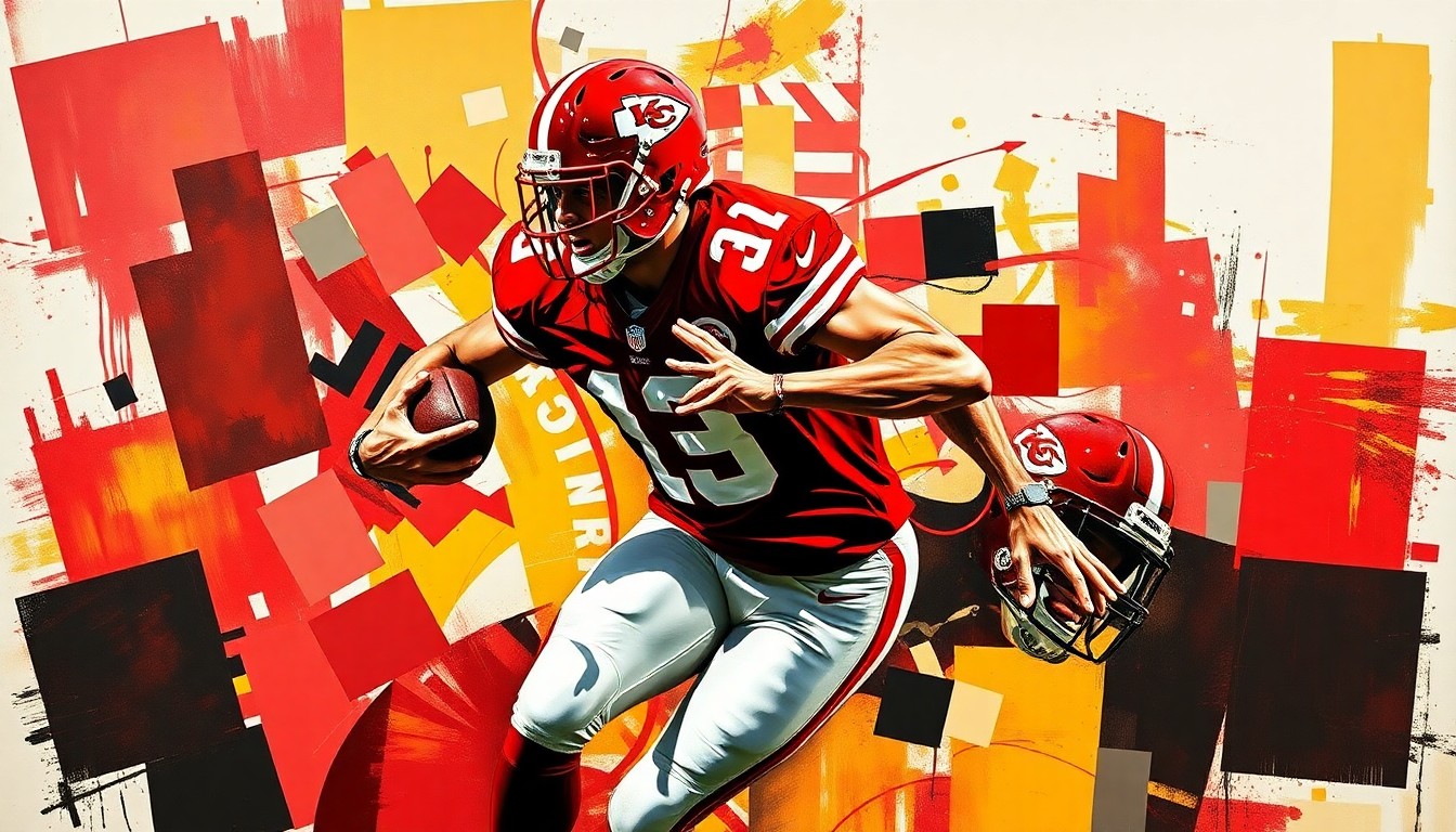 A fractured, multi-perspective painting in the style of Pablo Picasso, breaking down a football player in mid-action into sharp, overlapping geometric planes of red, gold, and black, representing the uncertainty surrounding Travis Kelce's future with the Kansas City Chiefs.