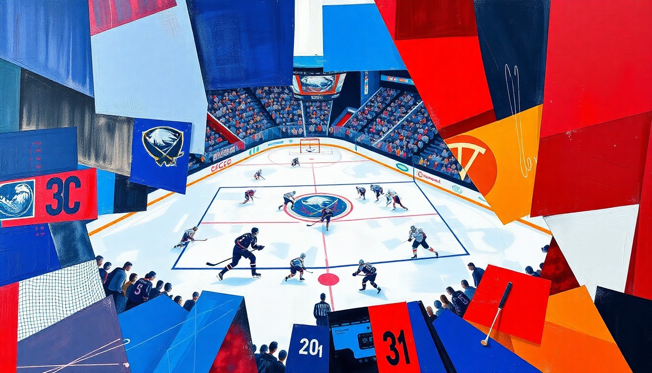 A cubist, geometric painting depicting a hockey game between the Washington Capitals and Buffalo Sabres, with overlapping planes of color and shape representing the dynamic action on the ice.