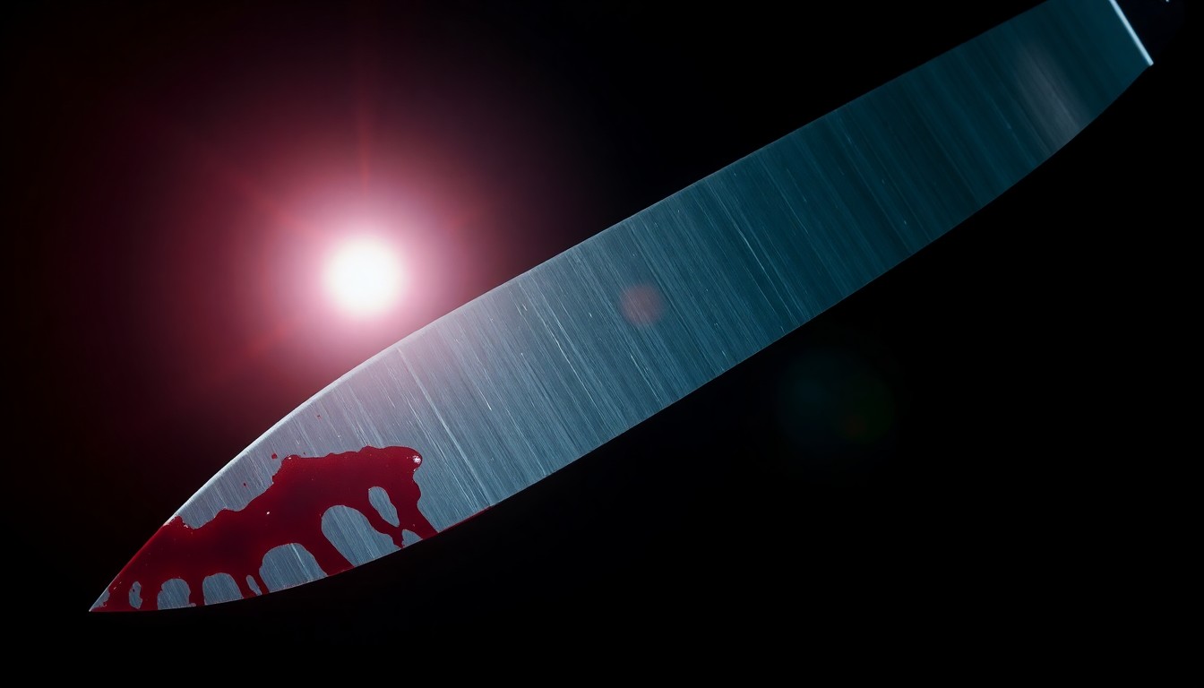 An extreme close-up of a bloodied knife blade reflecting a harsh, direct camera flash, conceptually illustrating the violent nature of the stabbing incident.