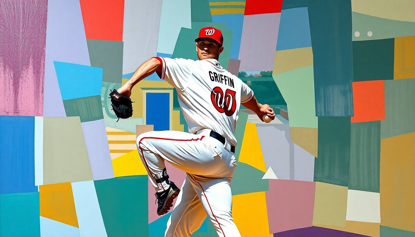 A fractured, geometric painting depicting the motion of a baseball pitcher, with sharp planes of navy blue, red, and white representing the colors of the Washington Nationals and Yomiuri Giants, the Japanese team Griffin played for, conceptually illustrating the complexities of his career path.