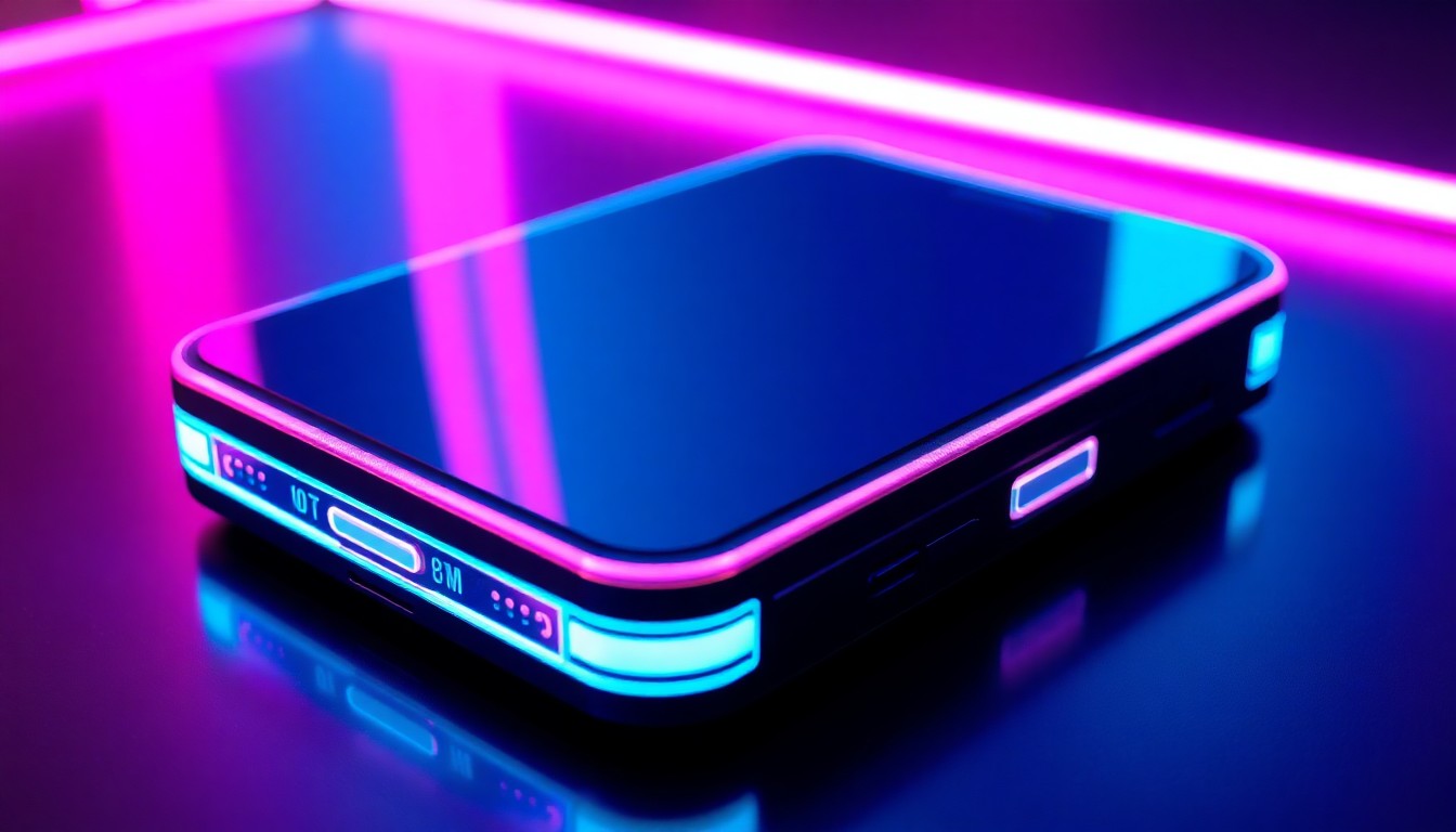 A glowing, 3D macro illustration of a futuristic foldable smartphone device, its sleek lines and vibrant neon lights symbolizing the Motorola Razr 2026's blend of fashion and functionality.