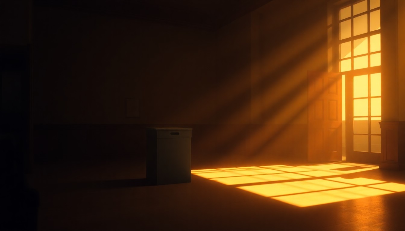 A realistic painting of a solitary ballot box sitting on a desk in a dimly lit government office, with warm, diagonal sunlight and deep shadows creating a contemplative, cinematic mood.