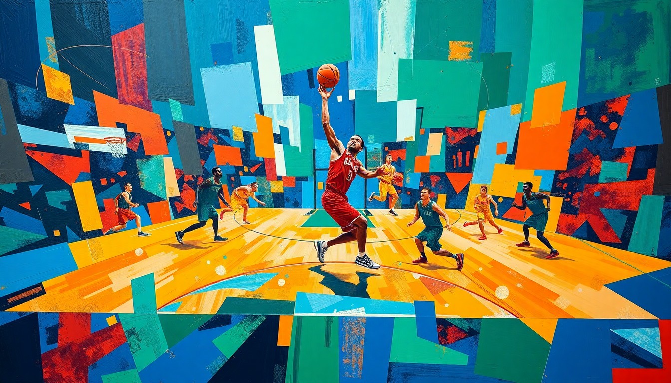 A fragmented, cubist-style painting depicting a basketball player in motion, with sharp geometric shapes and planes of color representing the dynamic action of the game.