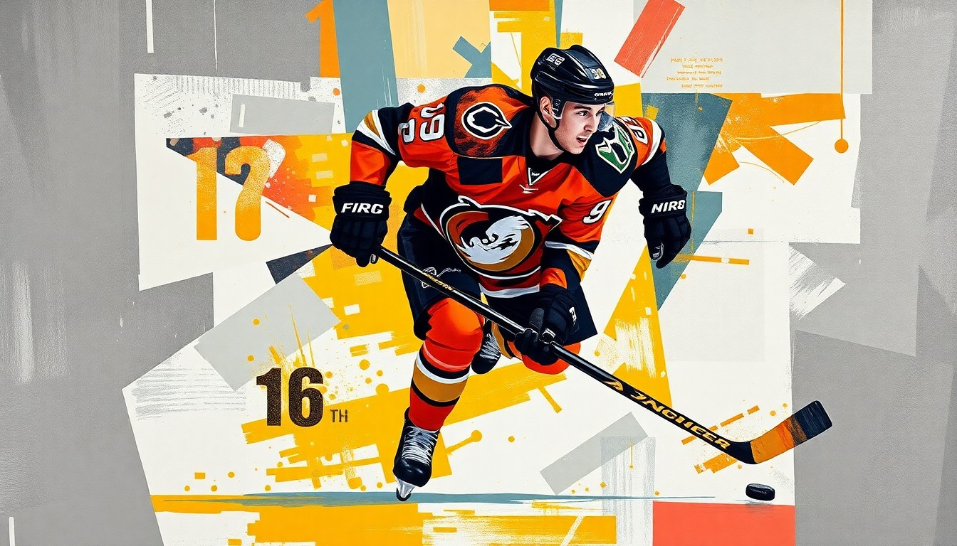 A fractured, geometric painting depicting a hockey player in motion, with sharp, overlapping planes in the Anaheim Ducks' team colors of orange, black, and gold, conceptually representing the dynamic shift from the NCAA to the professional AHL.