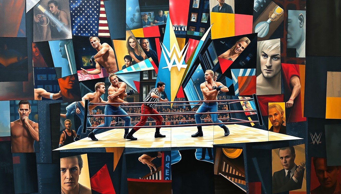 A cubist-style painting depicting a WWE wrestling match broken down into sharp, overlapping geometric shapes and planes, conveying a sense of fragmentation and internal conflict within the organization.