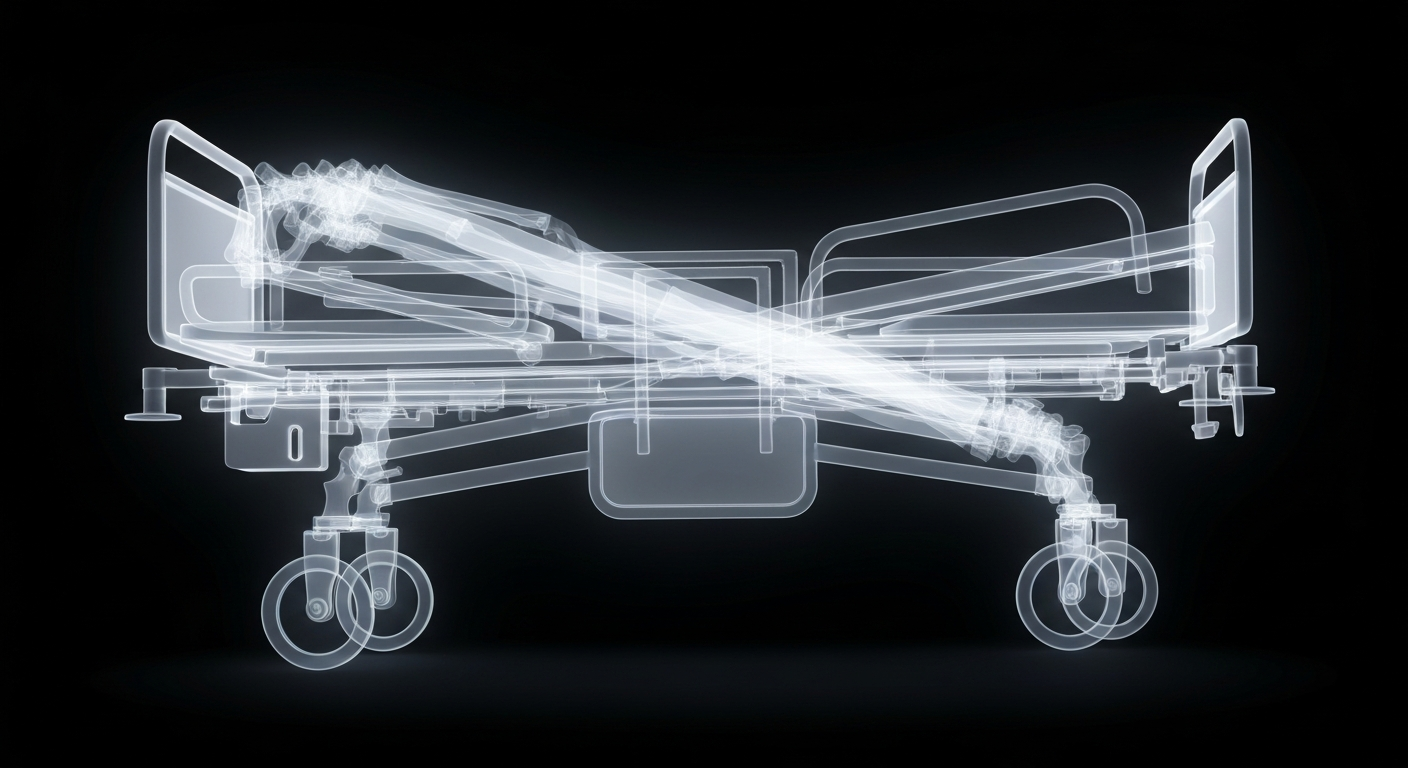 A translucent, ghostly X-ray image revealing the internal structure of a hospital gurney or medical equipment, conceptually representing the vulnerability of patients in the emergency room when negligence occurs.