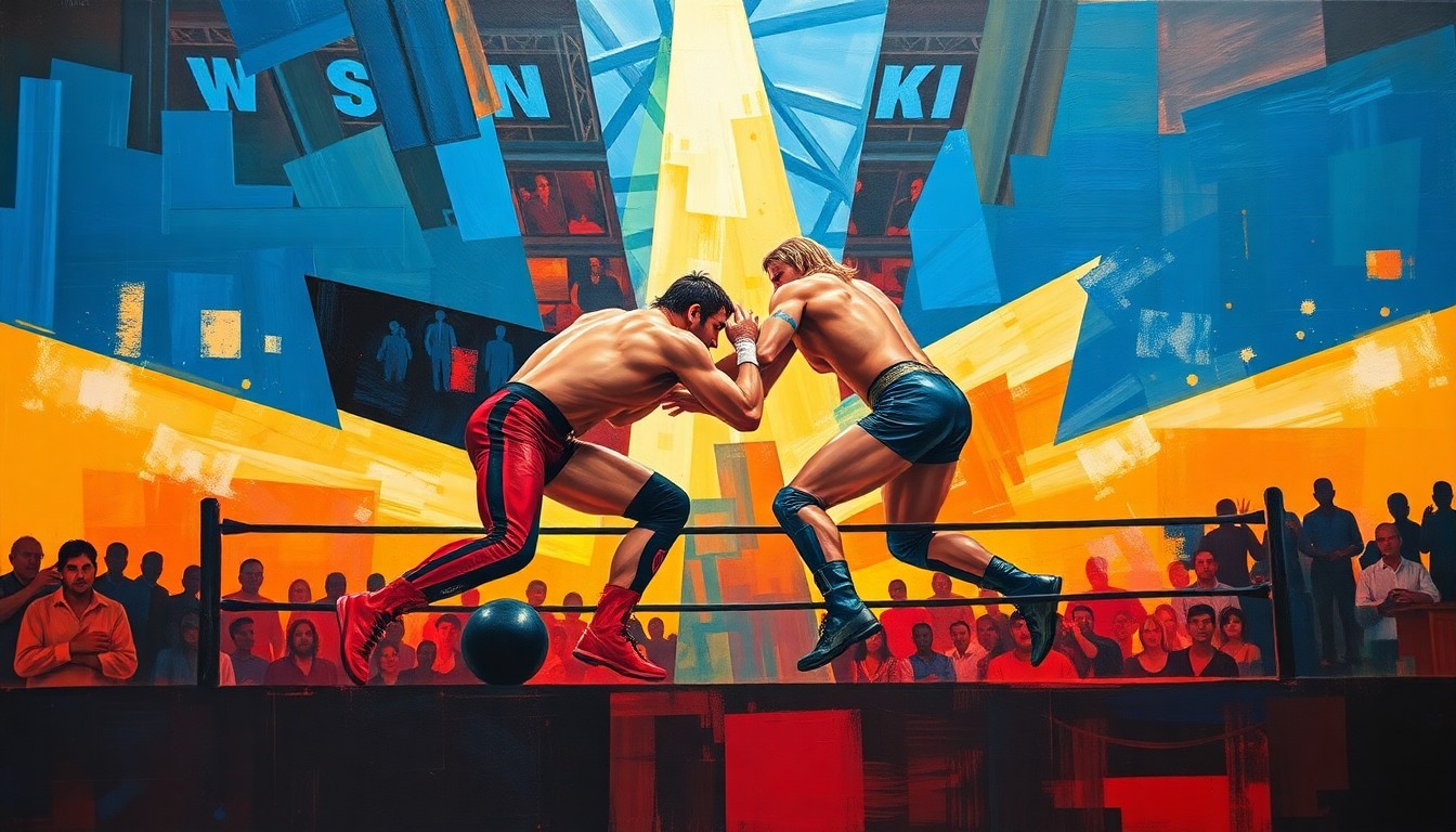 A cubist, geometric painting depicting the chaotic movements and energy of a professional wrestling match, with sharp, overlapping planes of color and form.
