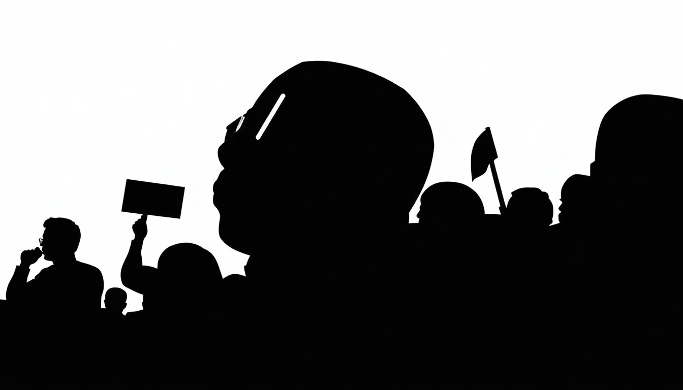 An abstract, minimalist composition of stark, jagged geometric shapes and heavy black silhouettes, conceptually representing the civil rights movement and the life of John Lewis.