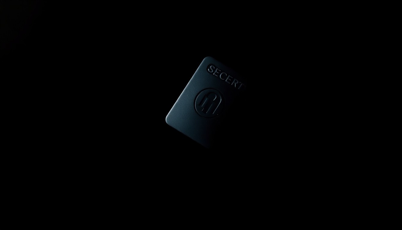 An extreme close-up photograph of a security keycard or access fob, the sole focus of the image against a pitch-black background, with dramatic shadows and highlights creating a stark, gritty, investigative aesthetic.