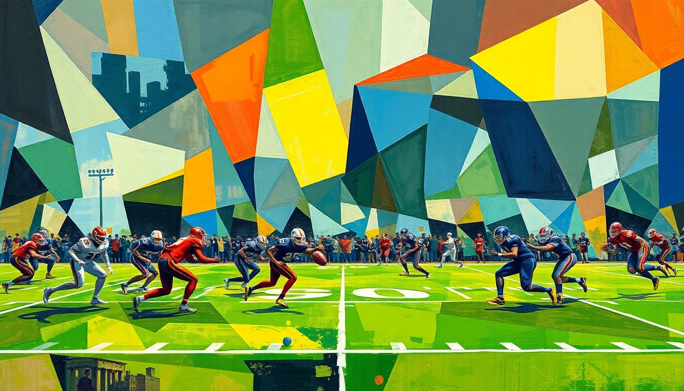 A fractured, cubist-style painting depicting the abstract shapes and planes of a high school football game, capturing the intensity and competitive spirit of the sport.