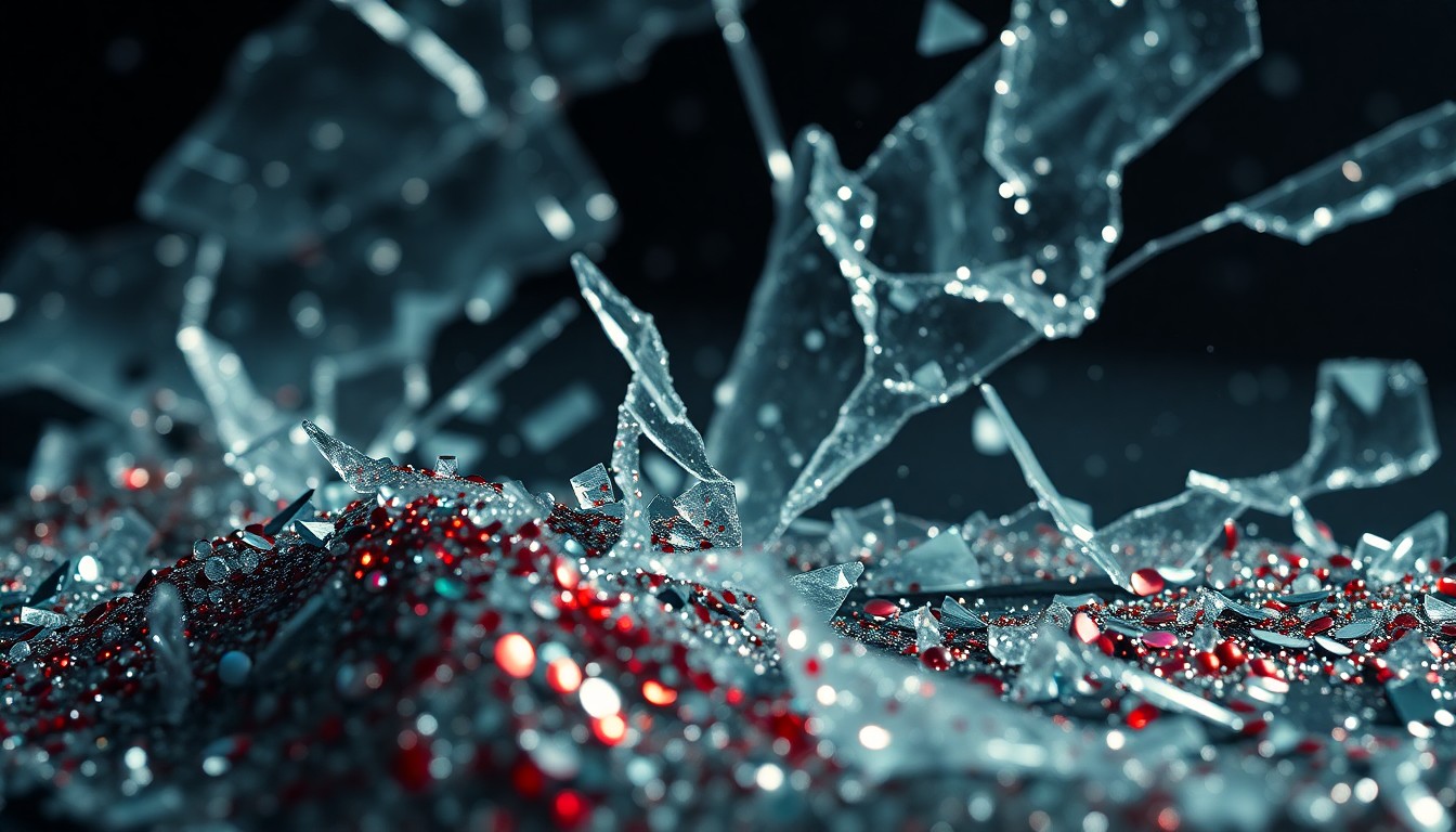 An extreme close-up of shattered glass and glittering sequins in high-contrast studio lighting, conceptually representing the disappointment and broken dreams of the canceled Wicked audiobook.