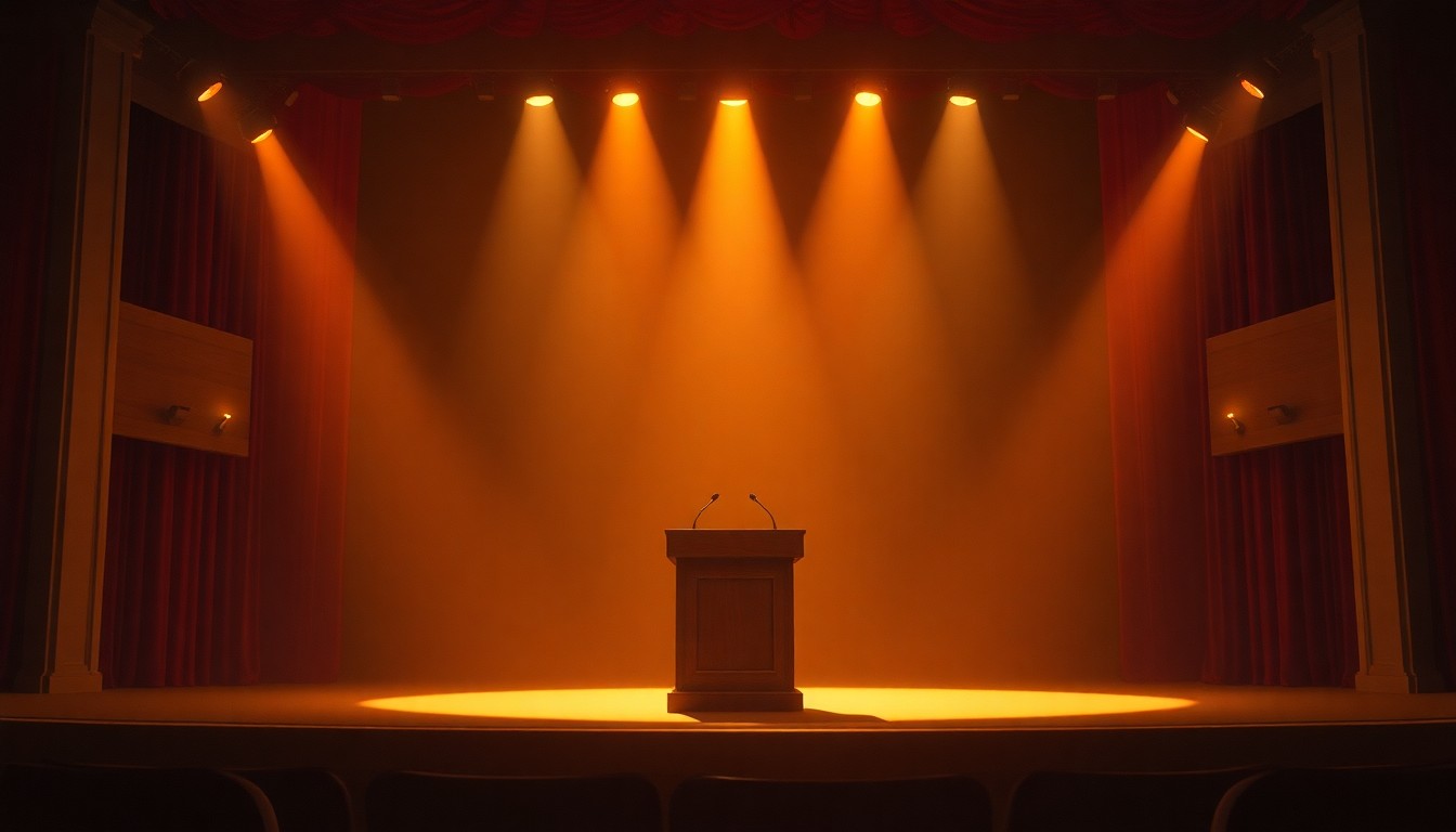 A cinematic, painterly scene of an empty podium on a dimly lit stage, with warm diagonal sunlight and deep shadows creating a sense of anticipation and nostalgia around the political process.