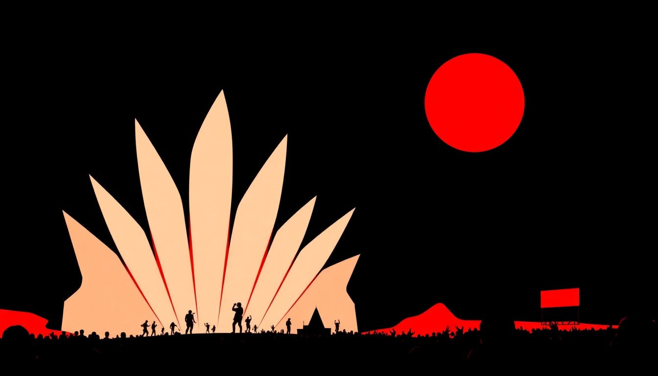 A bold, abstract illustration featuring sharp, geometric shapes in vibrant red and white, capturing the dynamic energy and cultural significance of BINI's historic performance at Coachella.