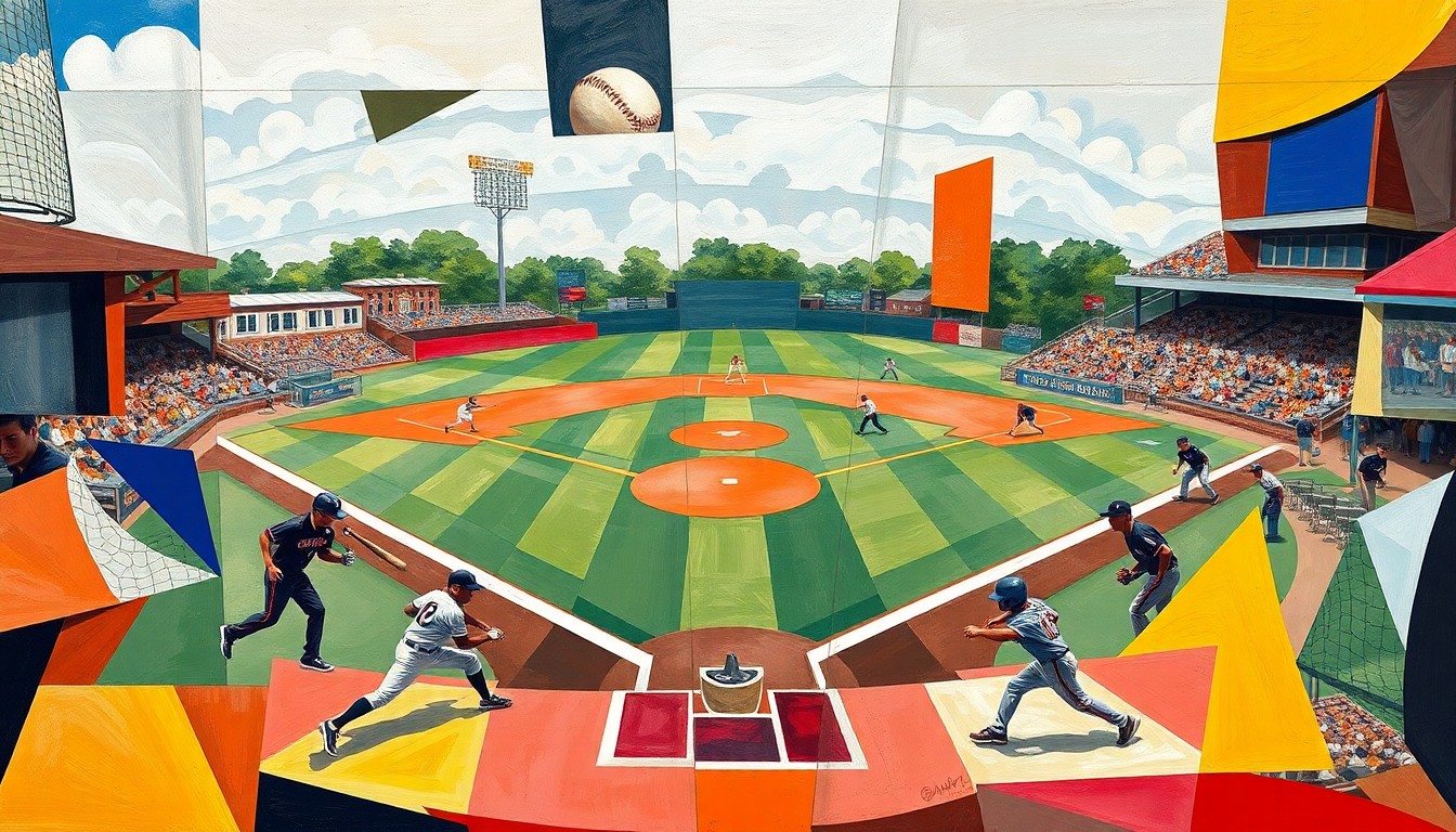 A fractured, geometric painting in shades of green, blue, and red, depicting the abstract shapes and planes of a high school baseball game in motion.