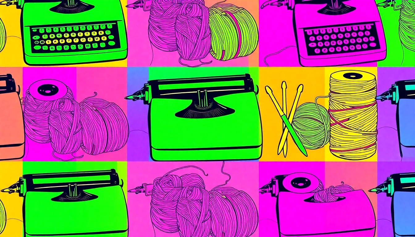 A brightly colored, high-contrast silkscreen print of a vintage typewriter repeated in a tight grid pattern, conceptually representing the embrace of analog tools and crafts as a reaction to the digital world.