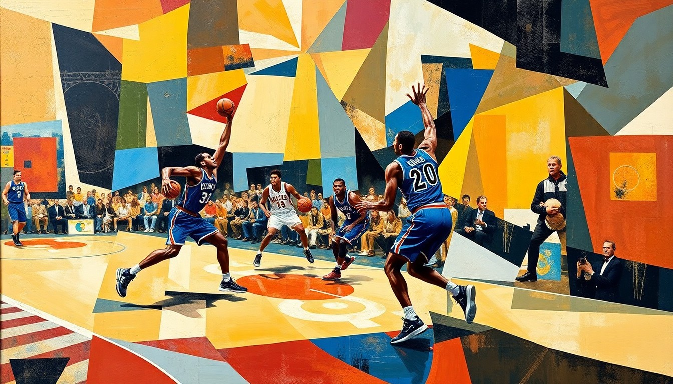 A fractured, geometric painting depicting the dynamic motion and energy of a basketball game, with the players' forms broken down into abstract shapes and planes of color.