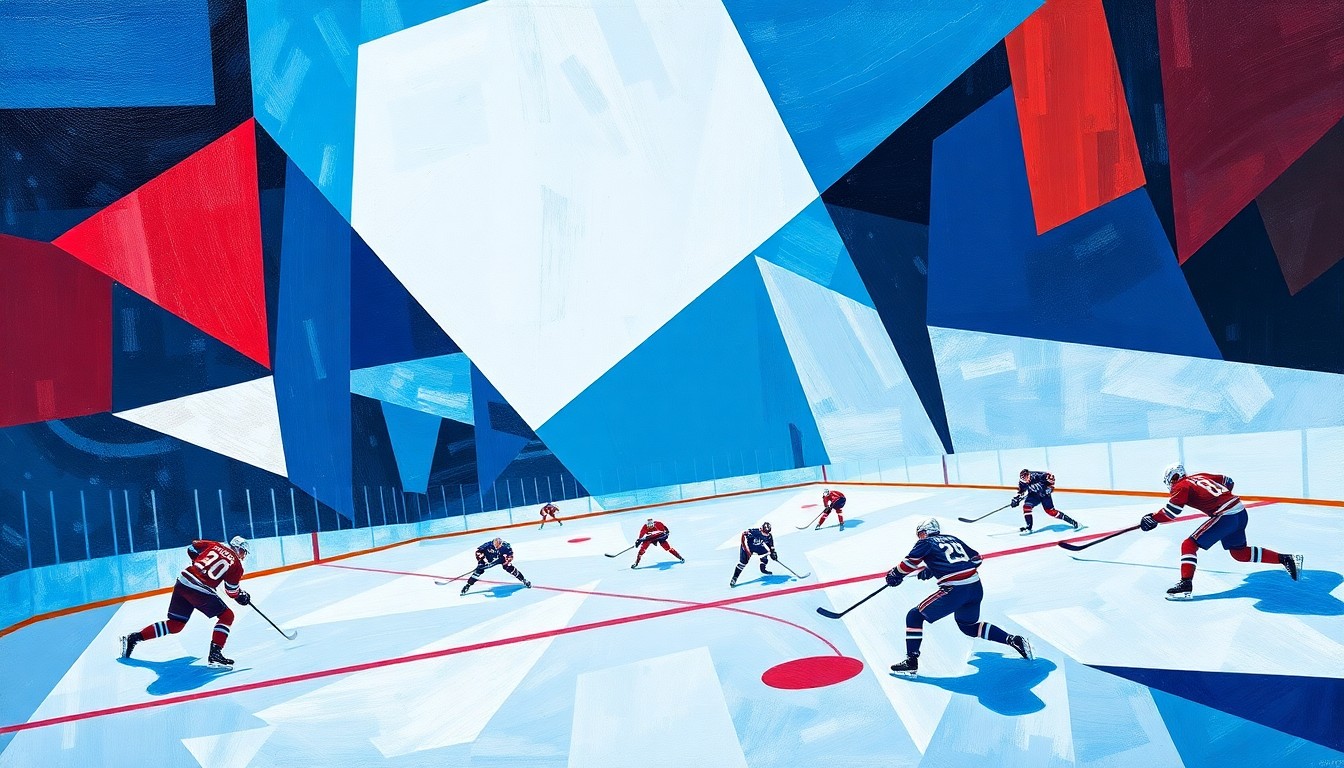 A cubist-style painting featuring sharp, overlapping geometric shapes in shades of blue, white, and red, representing the action and movement of a hockey game.