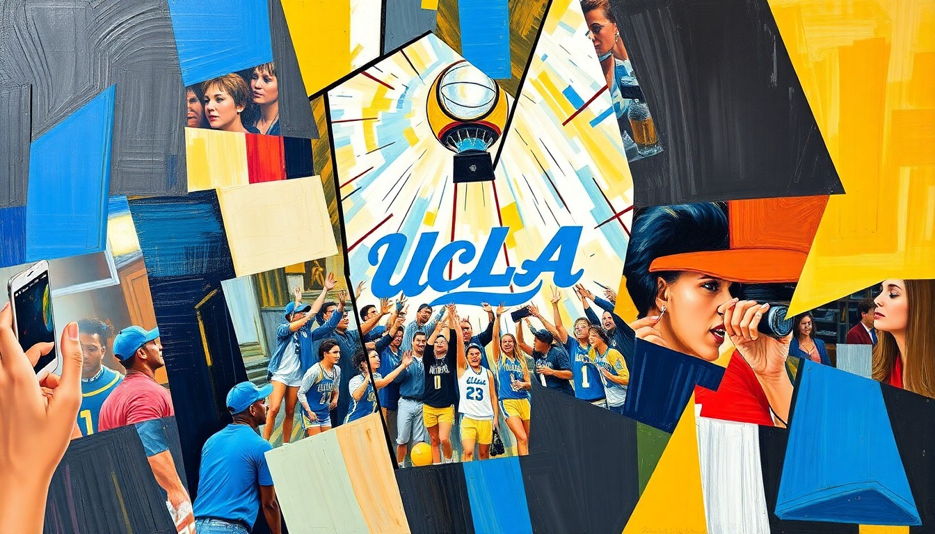A fractured, geometric painting depicting the dynamic movements and energy of a women's basketball game, with sharp, overlapping planes of color and form representing the Bruins' championship triumph.