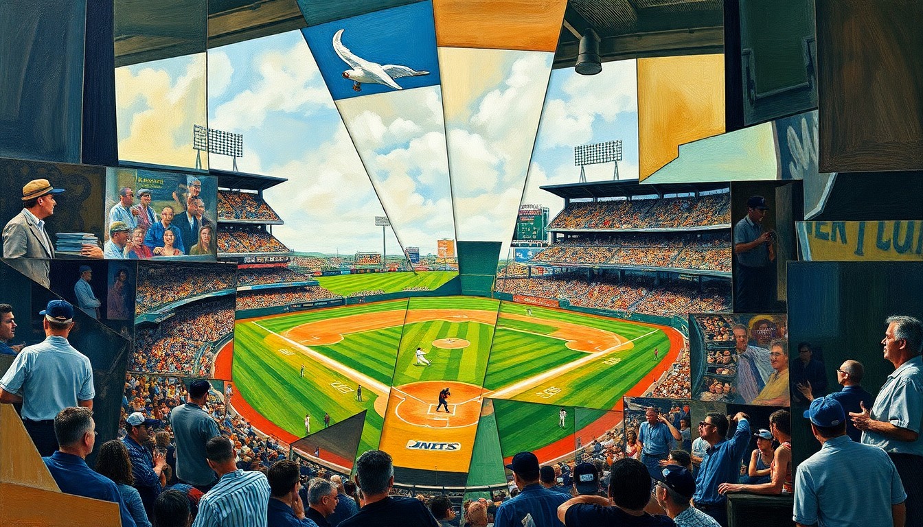 A cubist, geometric painting depicting a baseball game or match, with players and the field broken down into overlapping angular shapes and planes in vibrant colors.