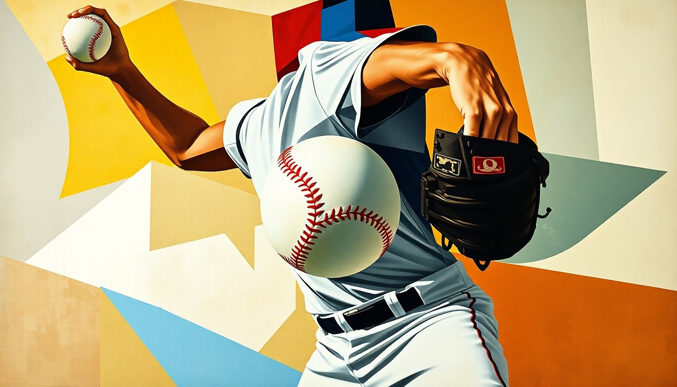 A fragmented, geometric painting depicting the motion of a baseball pitcher, with the ball as the central focus, rendered in an abstract cubist style.