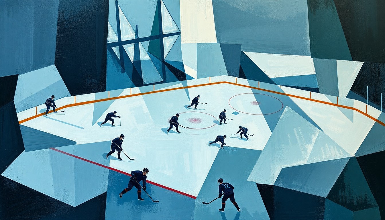 A cubist, geometric painting depicting a fragmented hockey scene, with overlapping planes of muted blues, grays, and greens, conveying the Panthers' inability to overcome key injuries and goaltending issues that derailed their title defense.
