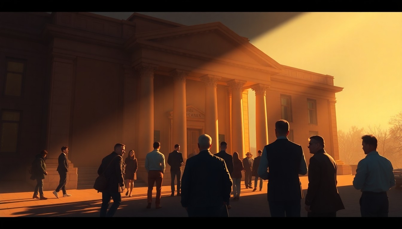 A serene, cinematic painting depicting a group of people gathered outside a government building, the scene bathed in warm, dramatic lighting and deep shadows, conveying a sense of quiet protest and civic engagement.