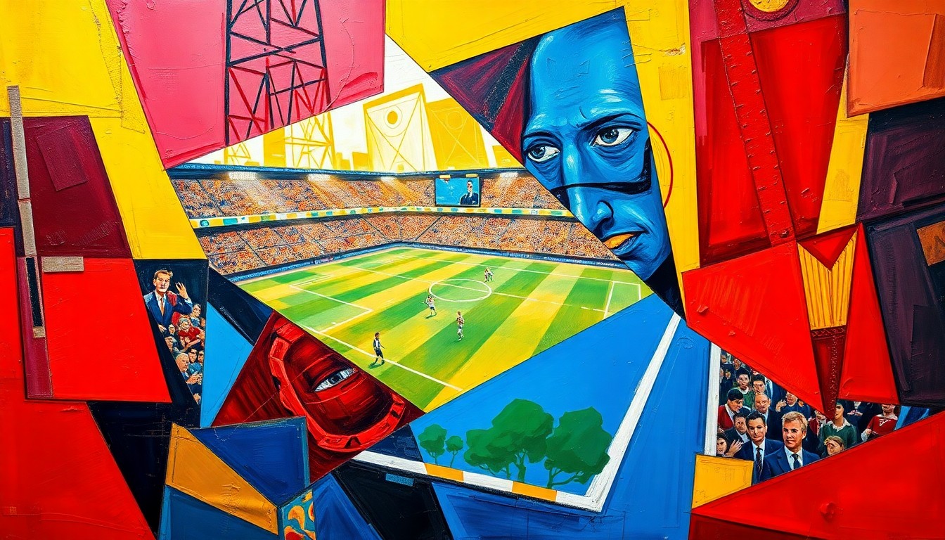 A cubist, geometric painting depicting fragmented, overlapping views of a football game, with players and the field rendered in bold, clashing colors and sharp, angular shapes.