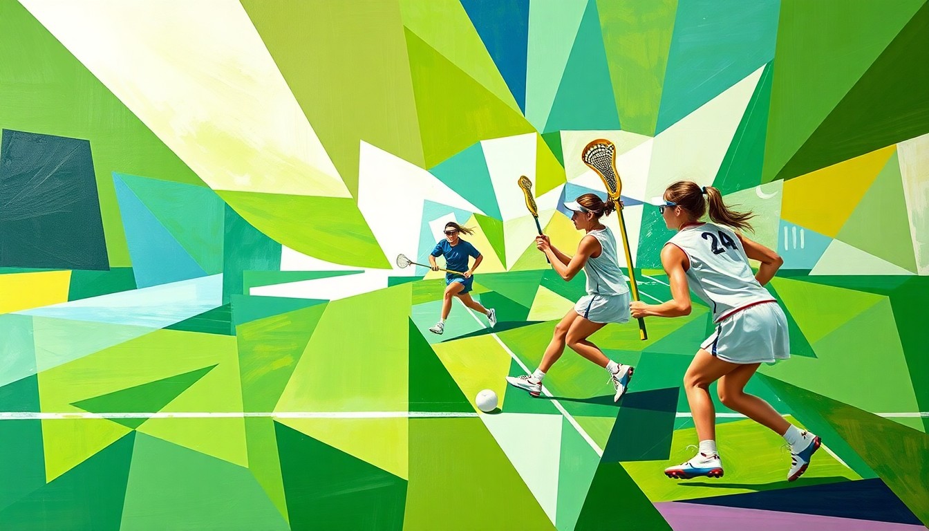 A fractured, cubist-style painting depicting the chaotic movements and energy of a girls lacrosse game, with players and the ball rendered as overlapping geometric shapes in a vibrant color palette.