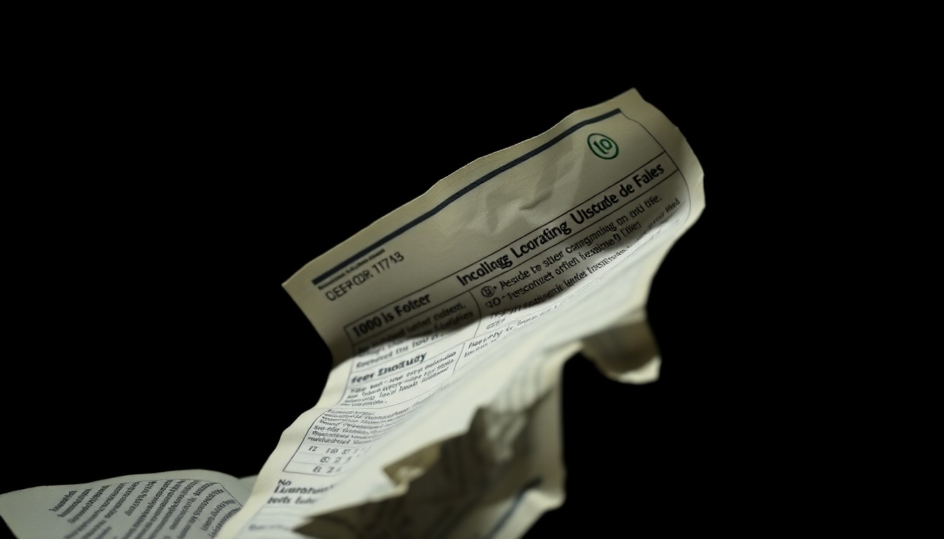 An extreme close-up of a crumpled, torn financial document reflecting a harsh, direct camera flash, conceptually illustrating the devastating impact of financial fraud.