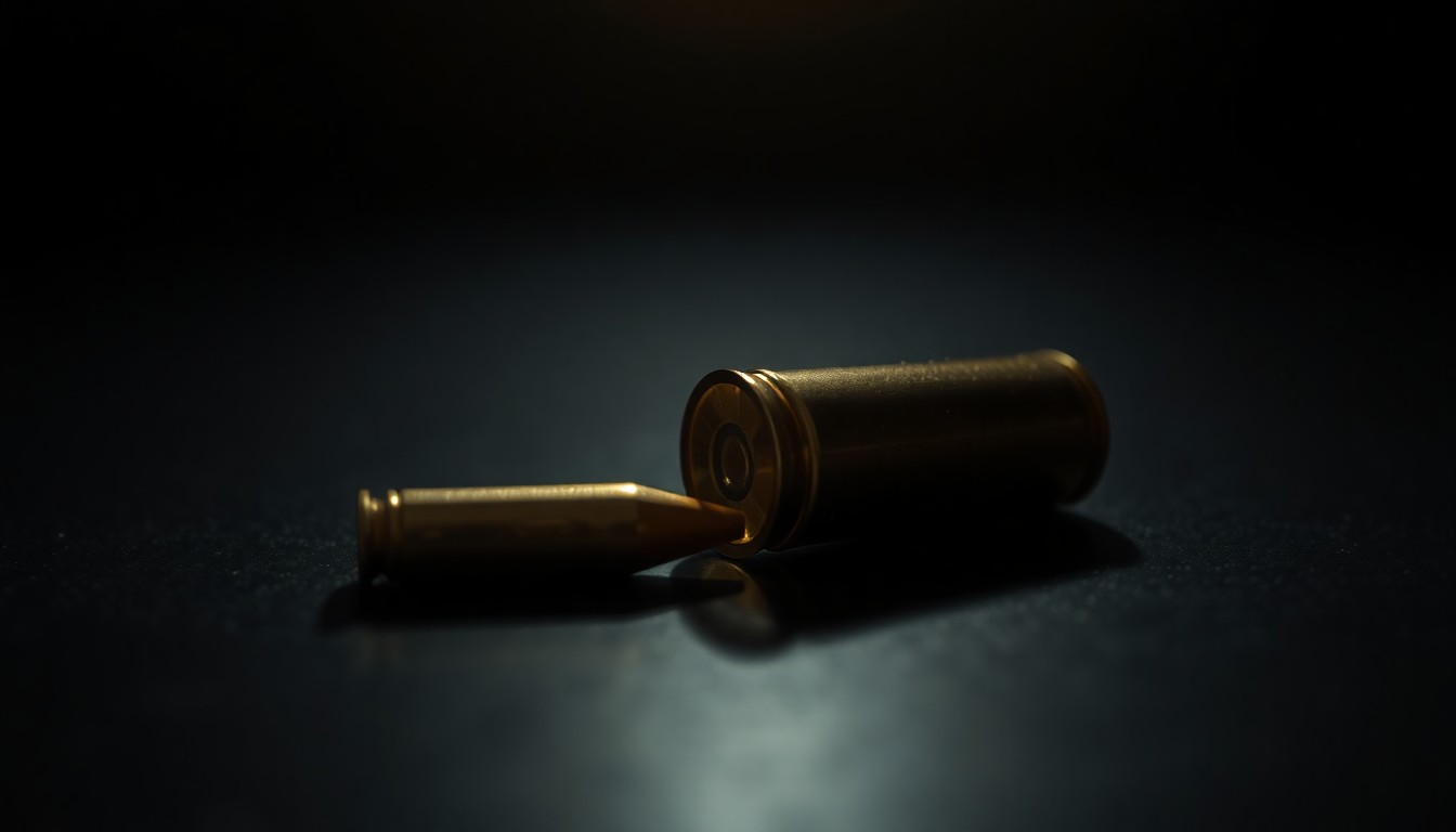 An extreme close-up photograph of a single spent bullet casing on a dark surface, lit by a harsh camera flash, conceptually representing the aftermath of a tragic domestic violence incident.